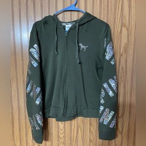 Victoria’s Secret Pink Olive Green Sequin Bling Full Zip Hoodie L